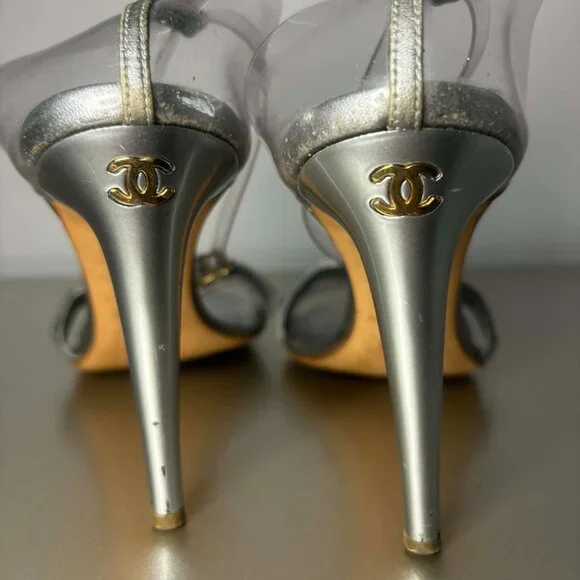 Chanel Silver Metallic Ankle Strap Heels - Picture 2 of 6